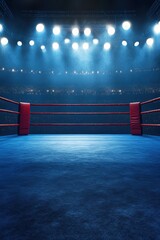 Boxing Ring Arena View from the Floor with Red Ropes and Corner Pads Under Bright Lights in a Stadium Full of Spectators
