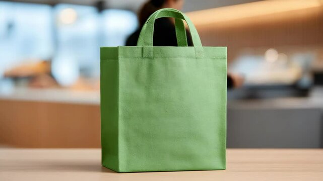 Green Non-Woven Tote Bag Mockup: A versatile green non-woven tote bag stands on a wooden table, ready to showcase your brand or design.