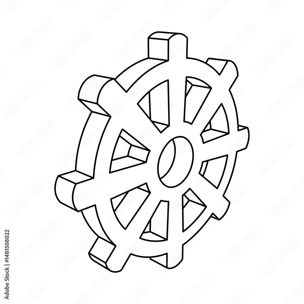 Poster the outline of a large wheel symbol is made with black lines. 3d view of the object in perspective. 