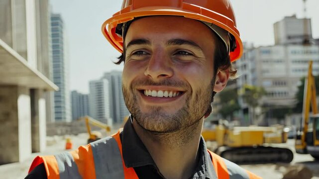 Smiling construction worker at urban building site
