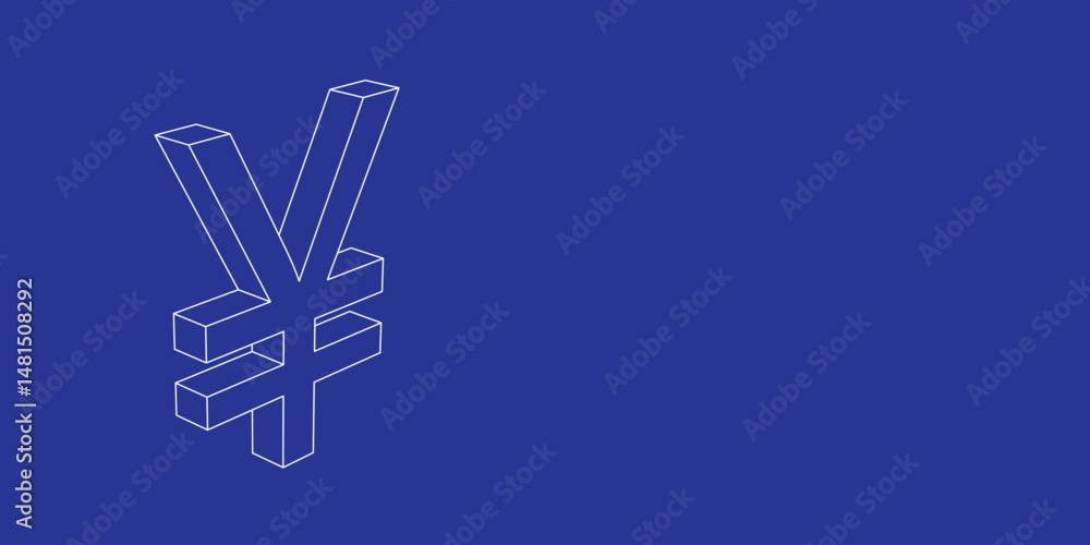Poster the outline of a large yuan symbol made of white lines on the left. 3d view of the object in perspec