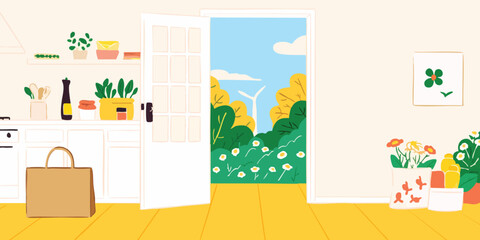 Fototapeta premium A brightly lit interior with an open door, inviting the viewer to step into a tranquil and inviting outdoor scene filled with freshness.