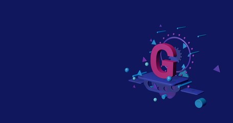Pink capital letter G symbol on a pedestal of abstract geometric shapes floating in the air. Abstract concept art with flying shapes on the right. 3d illustration on indigo background