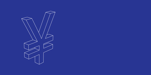 The outline of a large yuan symbol made of white lines on the left. 3D view of the object in perspective. Vector illustration on indigo background