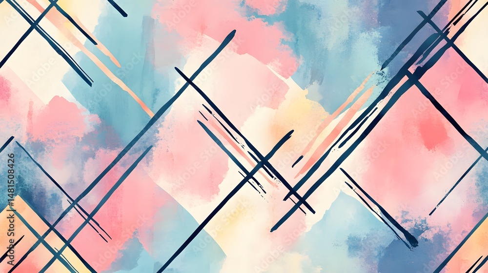 Poster abstract design featuring intersecting lines and soft color washes.