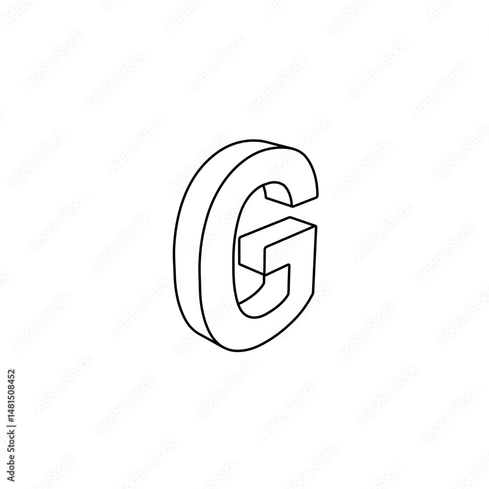 Poster the outline of a large capital letter g symbol is made with black lines. 3d view of the object in pe