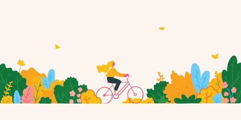 A woman rides a pink bicycle through a colorful landscape, embodying freedom and joy. The scene is filled with vibrant flora, capturing the essence of a leisurely outdoor activity.