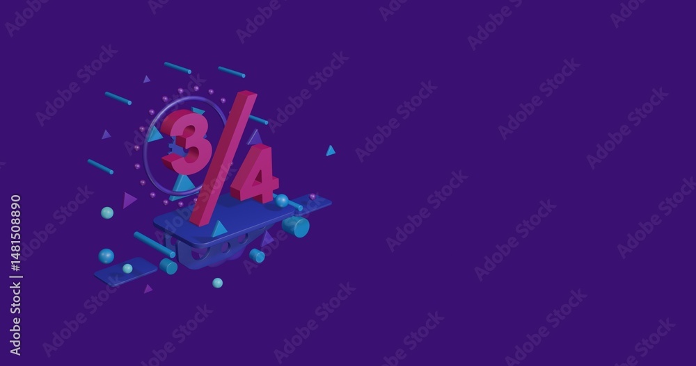 Poster pink three quarters symbol on a pedestal of abstract geometric shapes floating in the air. abstract 