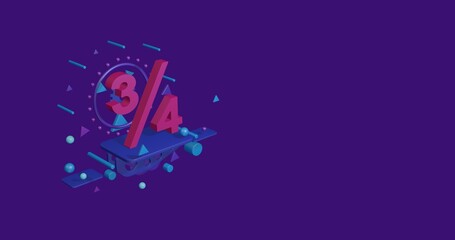 Pink three quarters symbol on a pedestal of abstract geometric shapes floating in the air. Abstract concept art with flying shapes on the left. 3d illustration on deep purple background