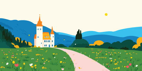 A storybook castle with a pathway, standing proudly against a landscape that features a vibrant meadow, promising peace and magic for any adventure. 