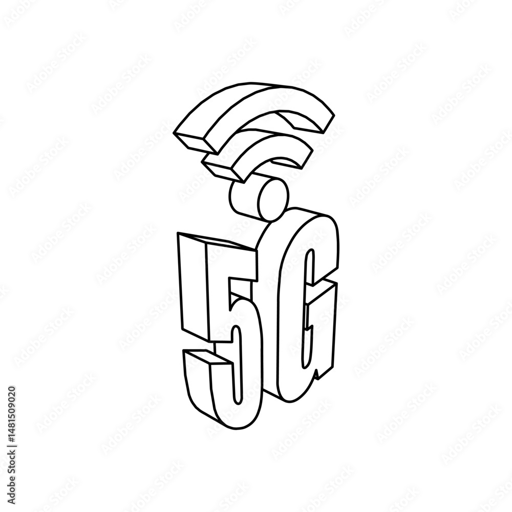 Poster the outline of a large 5g symbol is made with black lines. 3d view of the object in perspective. vec