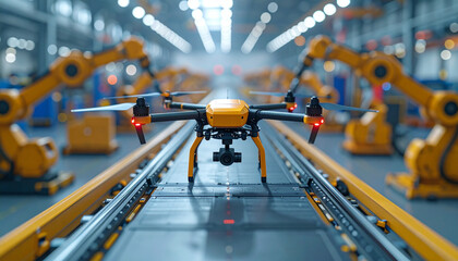 Drone delivery action in modern factory environment industrial automation technology focus