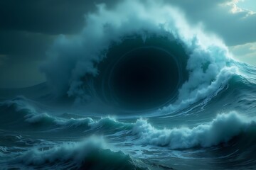 Ocean wave storm surge tsunami tidal wave sea dark water nature disaster powerful dangerous weather scene 
