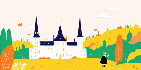 An illustrated medieval castle with a landscape of stylized trees and vegetation. A lone figure in historical attire stands nearby, adding a sense of scale and narrative to this artistic portrayal.