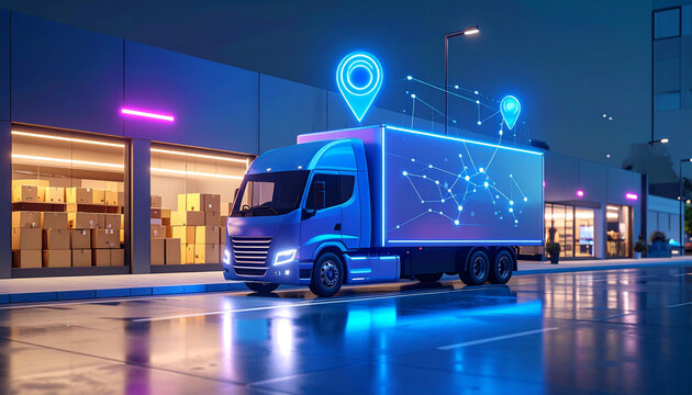 Futuristic delivery truck with gps tracking urban night scene digital technology logistics