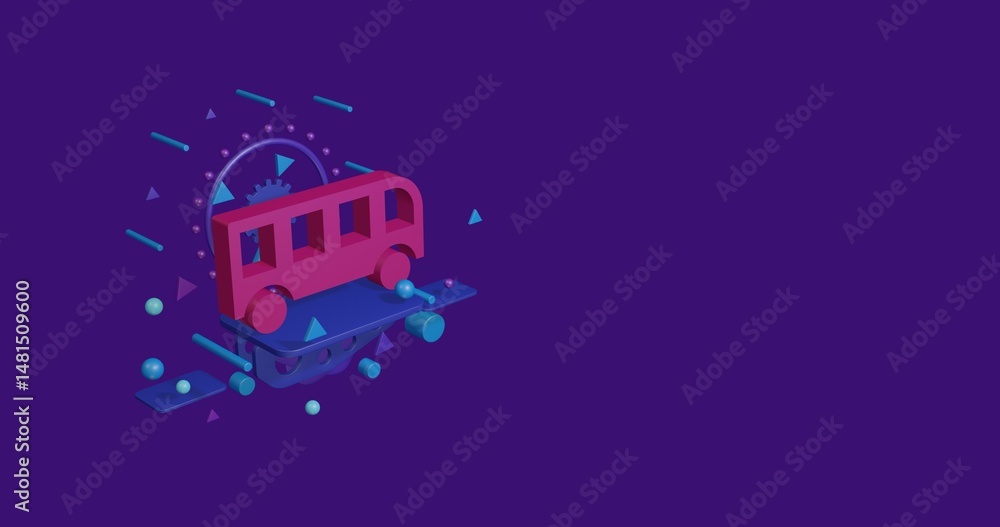 Poster pink bus symbol on a pedestal of abstract geometric shapes floating in the air. abstract concept art