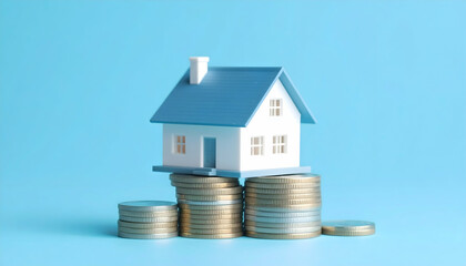 Miniature White and Blue House Model Resting on Stacks of Gold Coins on Light Blue Background Representing Real Estate Investment and Financial Security