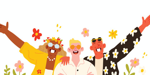 Obraz premium A cheerful group of friends celebrates, arms outstretched, framed by a garden of floral imagery, encapsulating themes of joy, celebration, and shared experience. 