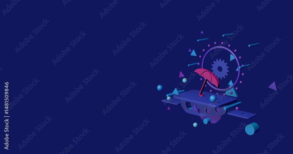 Poster pink umbrella symbol on a pedestal of abstract geometric shapes floating in the air. abstract concep