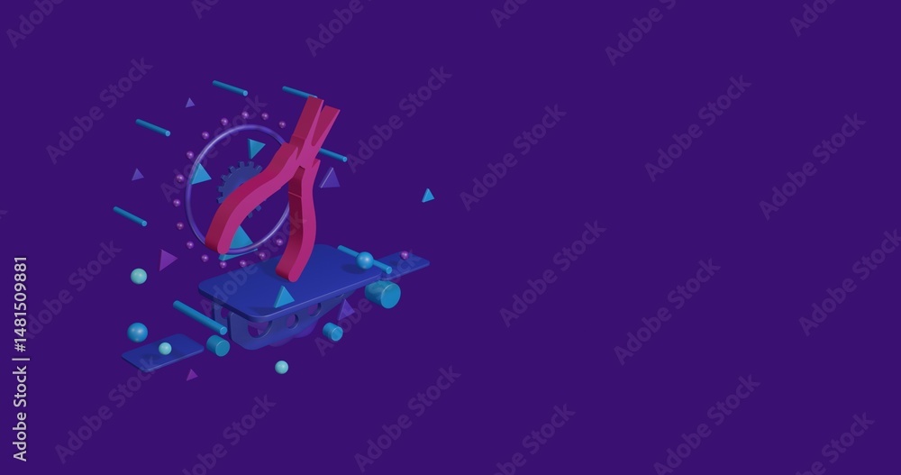 Poster pink round pliers symbol on a pedestal of abstract geometric shapes floating in the air. abstract co