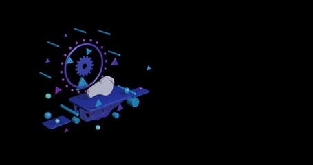 White sports whistle symbol on a pedestal of abstract geometric shapes floating in the air. Abstract concept art with flying shapes on the left. 3d illustration on black background