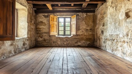 Interior view of old stone room with open shutters and wooden floorboards in rustic style architecture
