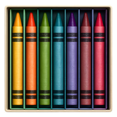 Colorful Crayon Set in Box: A vibrant assortment of crayons nestled within a rectangular box, presenting a spectrum of colors with rich saturation and meticulous detail.