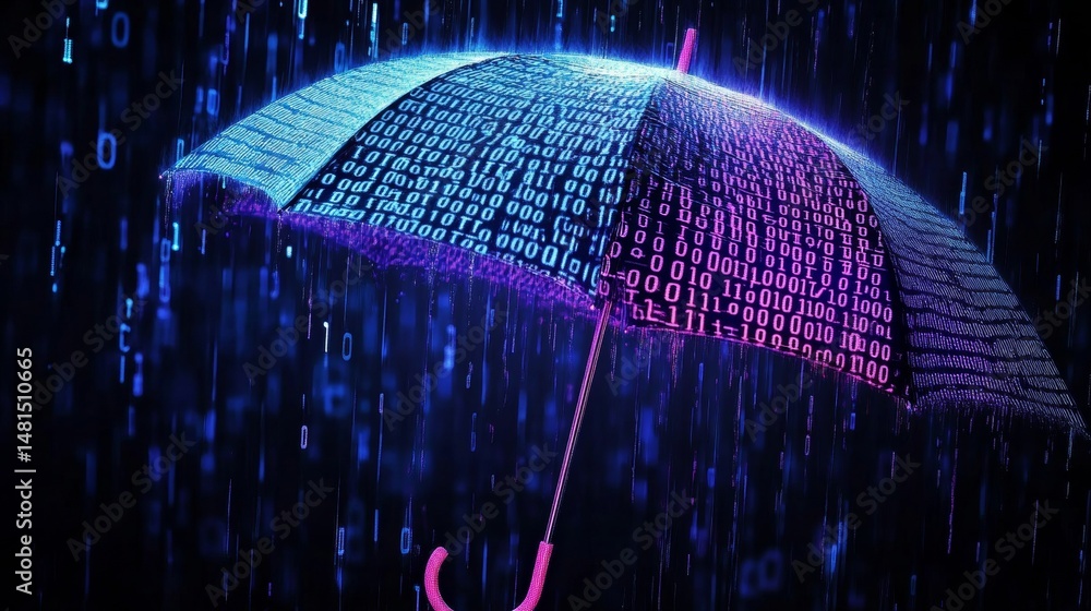 Wall mural digital umbrella in binary rain: protecting innovation with technology highlighted by neon against a