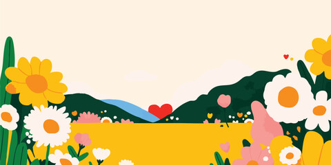 A joyful and colorful illustration of a blossoming field with daisies and sunflowers, a heart-shaped symbol in the distance, symbolizing love and happiness. It evokes a sense of warmth and optimism.
