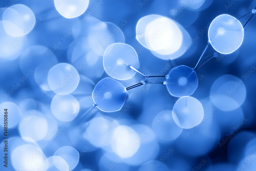 Poster abstract blue bokeh background featuring a connected network of spheres, ideal for science, technolo
