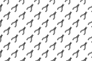 Seamless pattern completely filled with outlines of round pliers symbols. Elements are evenly spaced. Illustration on transparent background