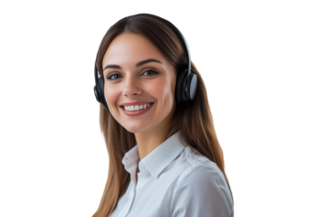 Smiling female customer service agent wearing white shirt and black headphones, on transparent background