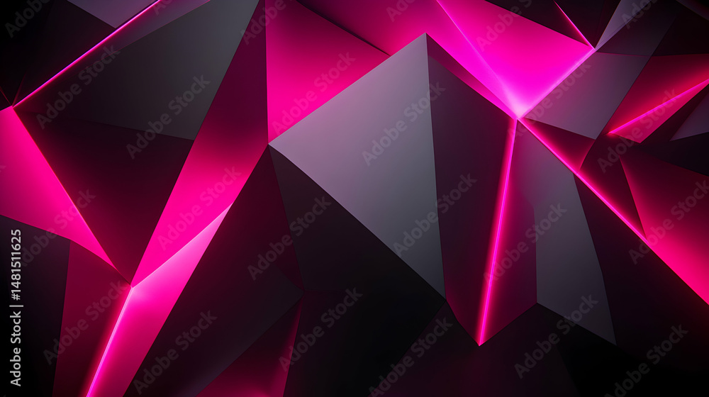 Poster abstract geometric background with vibrant pink neon lights illuminating dark gray triangular facets