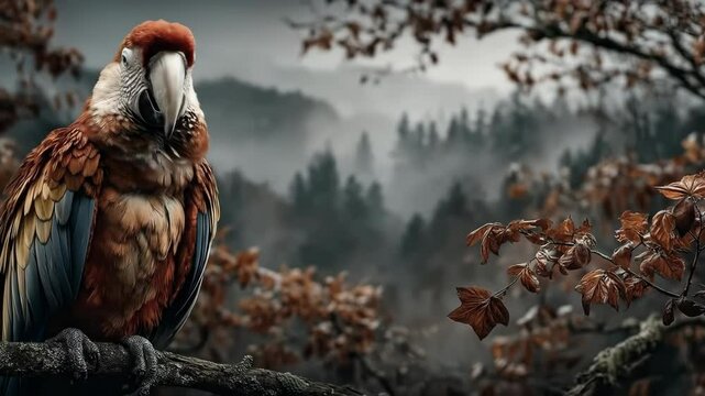 Colorful parrot in autumn forest