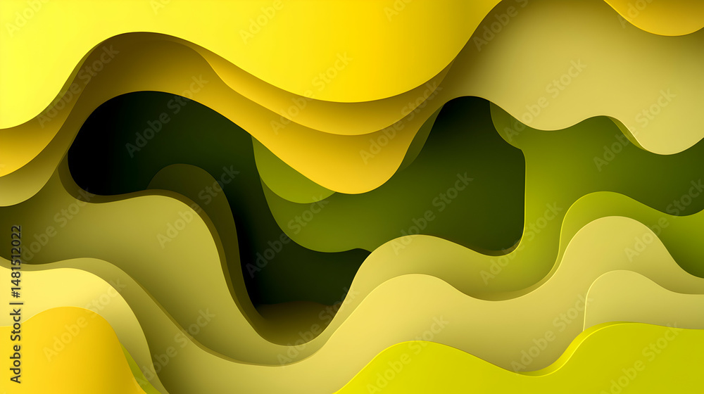 Poster abstract yellow and green layered paper cut design. dynamic wavy shapes create a visually engaging a