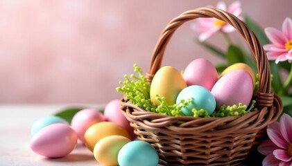 Pastel-colored eggs in a spring basket, surrounded by blooming flowers , holiday, adorable, vibrant