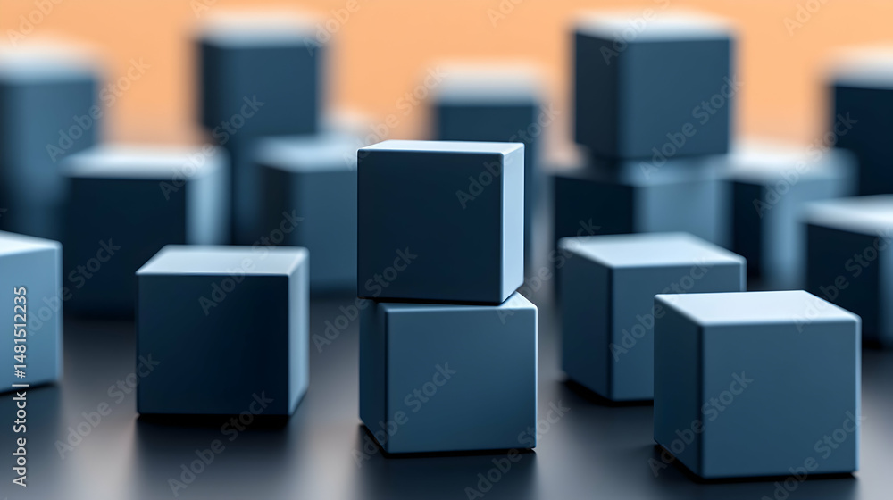 Poster abstract image of dark blue cubes arranged on a dark surface, suggesting concepts of structure, orga