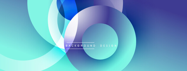 Abstract background features overlapping circles, gradients. Blue, turquoise, purple hues create modern visual effect. Minimalist design.