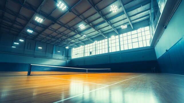 Indoor tennis court with wooden floor bright lighting and high ceiling for sporting events empty venue showcasing professional sports facility and recreational activities
