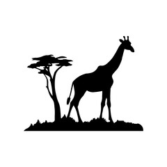 A large giraffe symbol in the center. Isolated black symbol. Illustration on transparent background