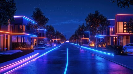 Fototapeta premium A cyberpunk street with glowing energy-efficient neon smart lighting