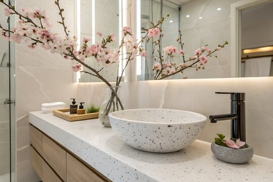 Modern bathroom vanity with terrazzo vessel sink, black matte faucet, wooden cabinetry, large mirror, decorative cherry blossom branches in a glass vase, minimalist spa-inspired design, bright and cle