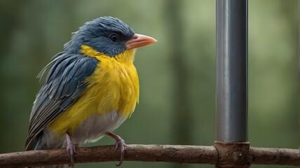 A small bird with blue head and yellow body perched on a branch in a natural setting outdoors