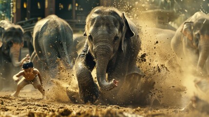 Young boy and elephant herd running through dusty terrain