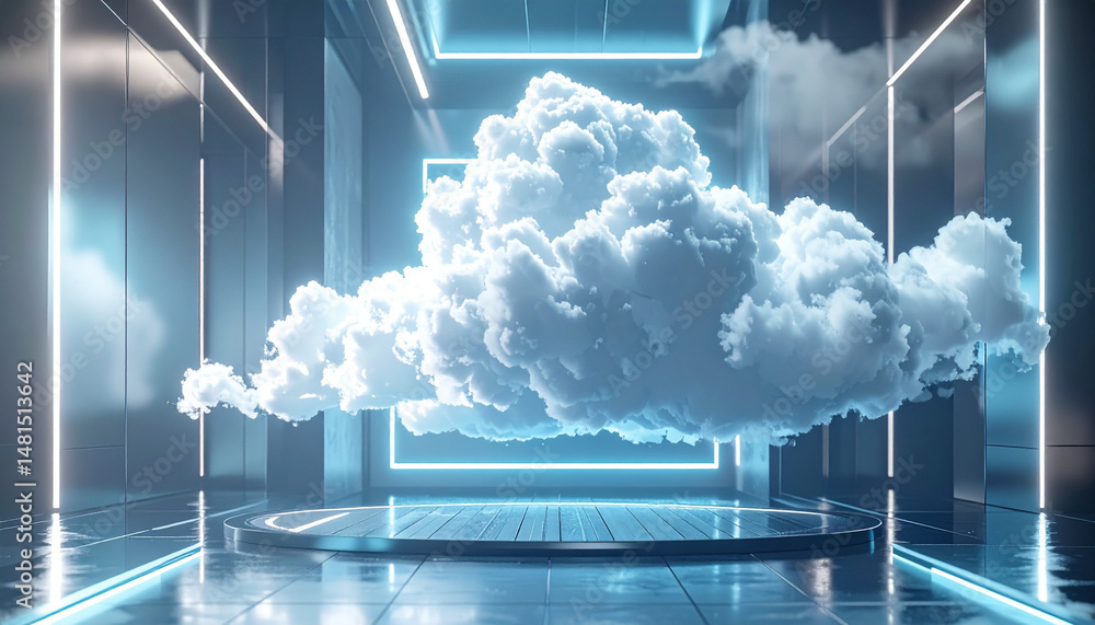 Poster floating cloud display in futuristic space digital art modern environment 3d viewpoint