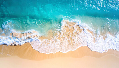 Fototapeta premium Waves crashing on sandy beach tropical paradise aerial view natural beauty coastal serenity