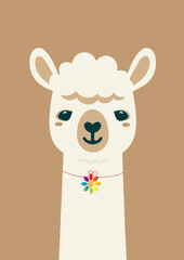 Obraz premium Charmante Alpaka-Illustration mit bunter Blumen-Halskette auf einfarbigem Hintergrund. Freundlicher und stilisierter Tiercharakter in klaren Farben und weichen Formen.