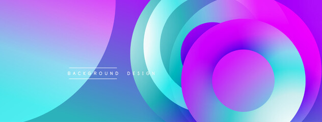 Abstract vibrant design features overlapping circles. Gradient colors blend purple, blue, pink creating dynamic visual effect. Modern background.