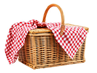 Classic woven picnic basket with red and white checkered cloth fun food on transparent background