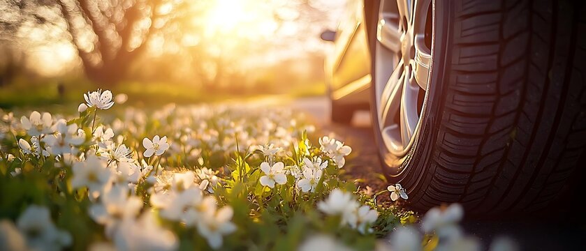 Car parked by spring flowers, sunset
